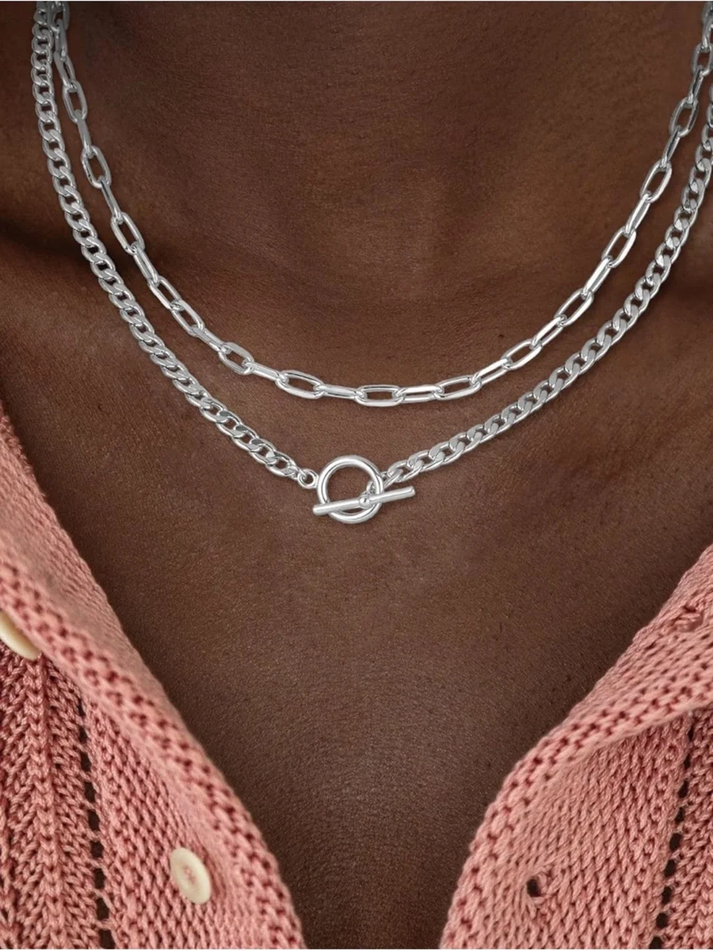 Double Layer Silver Plated Chain Necklace with Toggle Clasp